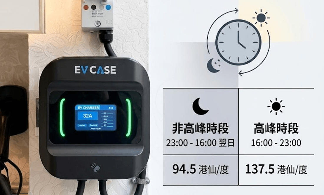 中電住宅電動車分時段供電價目：非高峰時段 23:00 至翌日 16:00 每度 94.5 港仙，高峰時段 16:00 至 23:00 每度 137.5 港仙
